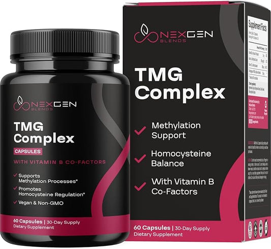 TMG Trimethylglycine Supplement with Methyl B Complex - 500mg Betaine TMG Supplement with Methylated Vitamin B Co Factors for Homocysteine Heart & Liver Support - Vegan & Non-GMO (1 Month Supply)