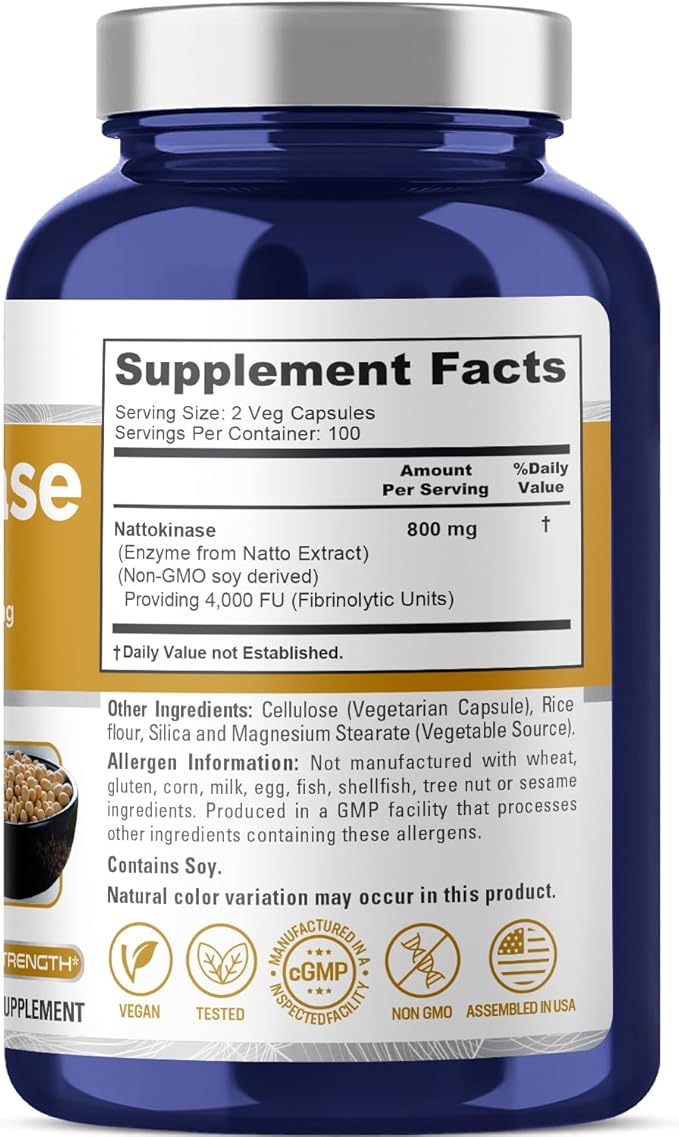 NusaPure Nattokinase 4000 FU 800mg, 200 Veggie Capsules (Vegan, Non-GMO)