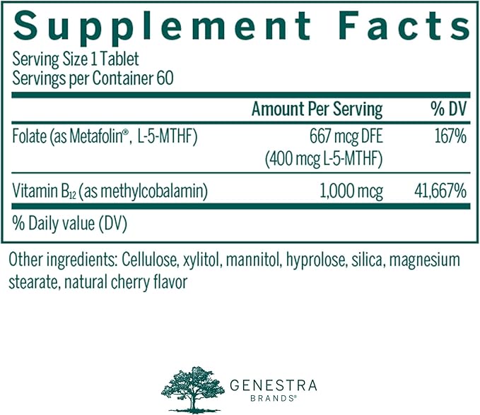 Genestra Brands Active Chewable B12 with L-Methylfolate | Chewable Vitamin B12 and Folate Supplement | 60 Chewable Tablets | Natural Cherry Flavor