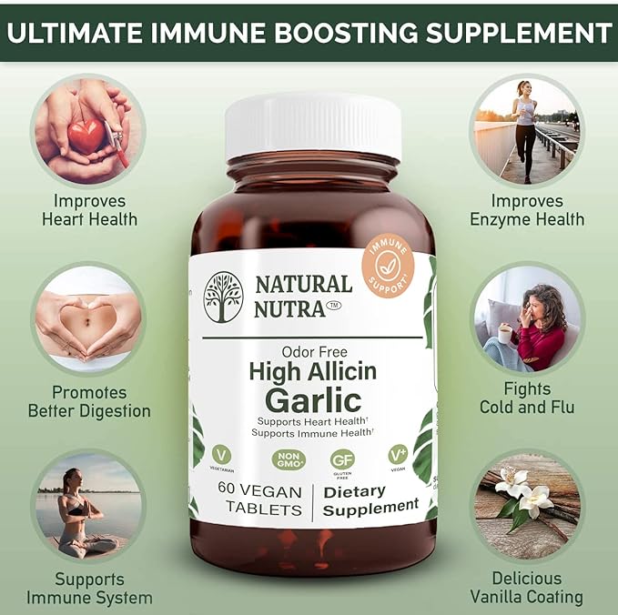 Natural Nutra High Allicin Garlic Supplement, Supports Immune System, Improve Heart Health, Improve Enzymes Health, Better Digestion, Fights Cold and Flu, Vanilla Coating, 500mg, 60 Vegan Tablets