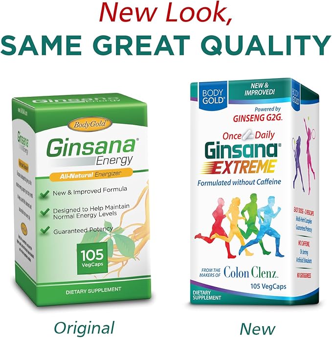 Body Gold Ginsana Energy | Panax Ginseng Extract w/Energizing Herbal Blend for Focus & Endurance | Schizandra Berry, Eleuthero Root, and Decaffeinated Green Tea Leaf Extract | 52 Serv | 105 VegCaps