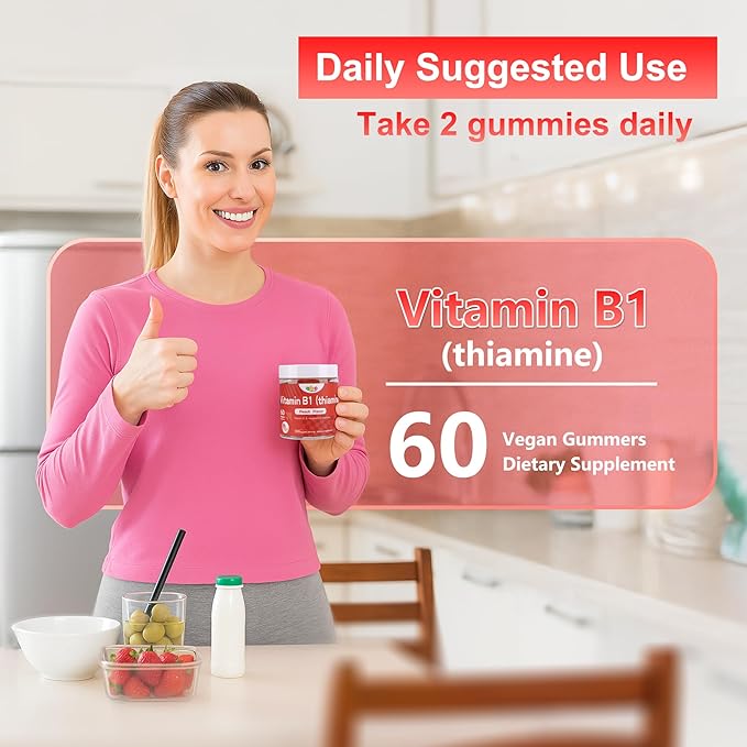 Vitamin B1 Gummies 300mg for Adults & Kids,Chewable Thiamine B1 Supplement with 150mg Magnesium,Nervous System Healthy Energy,Natural Peach Flavor,Non GMO,Vegan 60 Count Sugar-Free 1-Month Supply