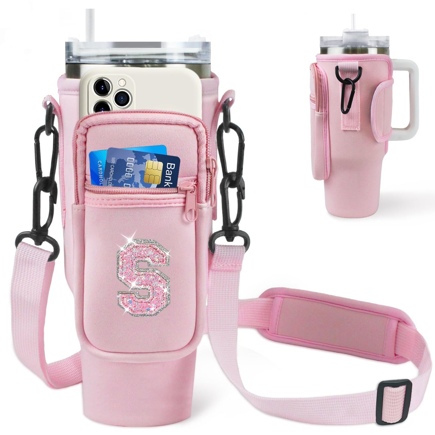 Aganmi Initial Water Bottle Carrier Bag with Phone Pocket for Stanley 40Oz Cup Accessories,Water Bottle Holder with Shoulder Strap Mothers Day Birthday Gifts for Women Mom Teacher Friend(Pink S)