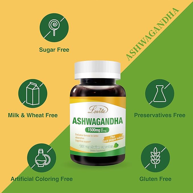 Lovita KSM-66 Ashwagandha | Highly Concentrated | 5% Withanolide | 95% Black Pepper Piperine | Stress Relief & Energy Support | Vegan, Gluten Free | 130 Capsules