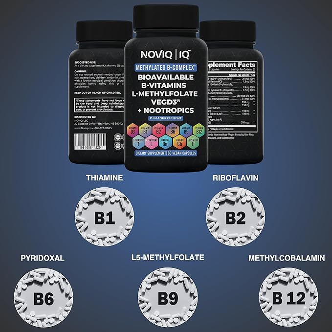 11-in-1 Methylated B-Complex Supplement: 680mcg L-Methylfolate(5-MTHF) Thiamine(B1) Riboflavin(B2) Pyridoxal(B6) Methylcobalamin(B12) - VegD3® + Nootropics - 1,100mg+ Serving - 60 Count
