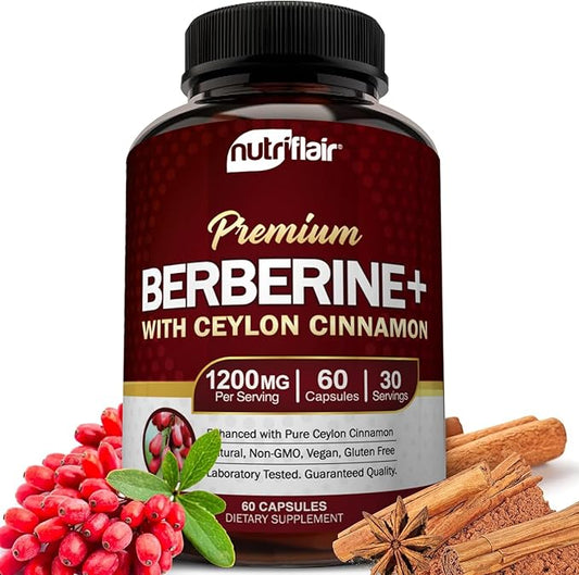 NutriFlair Premium Berberine HCL 1200mg, 60 Capsules - Plus Pure True Ceylon Cinnamon, Berberine HCI Root Supplements Pills - Immune System - yields an Optimal 8% Berberine