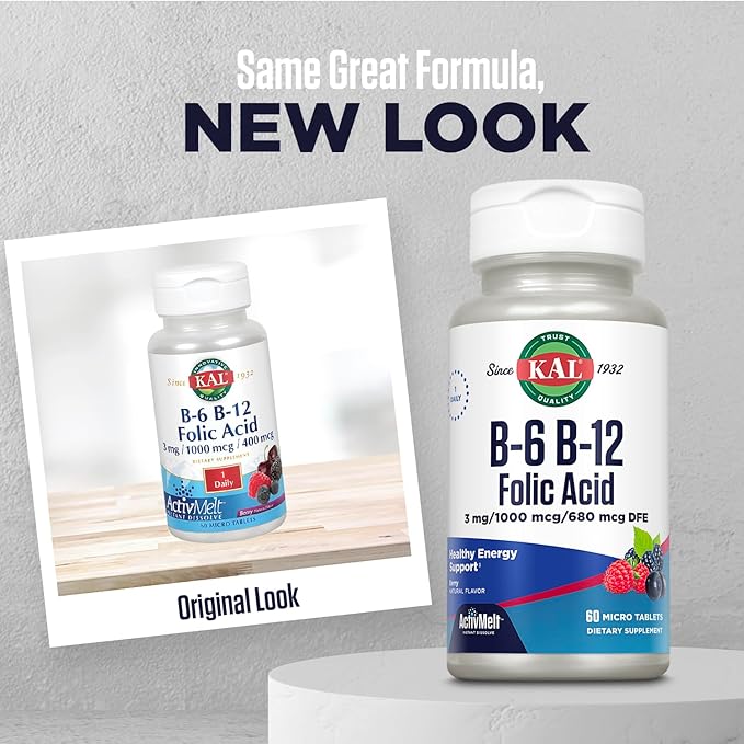 KAL Vitamin B-6, B-12 & Folic Acid Supplement, Heart Health, Energy & Red Blood Cell Support*, with Vitamin B12 Methylcobalamin & Folate, Natural Berry Flavor, 60 Servings, 60 ActivMelt Micro Tablets