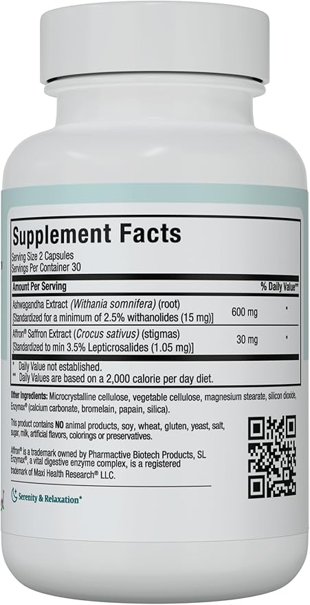 Maxi Health Ashwagandha Saffron Complex 600mg with 30mg Saffron Extract, Serenity and Relaxation, Calm and Mood Support - Vegetarian Non GMO Gluten Free Kosher Saffron Supplements, 60 Capsules