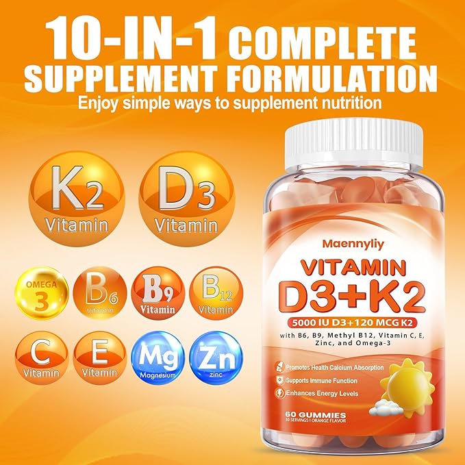 Vitamin D3 K2 Gummies for Adults - Vitamin D3 5000IU + K2 (MK-7) 120mcg - Sugar-Free D3 and K2 Supplements with Omega-3, Methyl B12, B9, B6, Vitamins E & Zinc - for Calcium Absorption & Immune Health