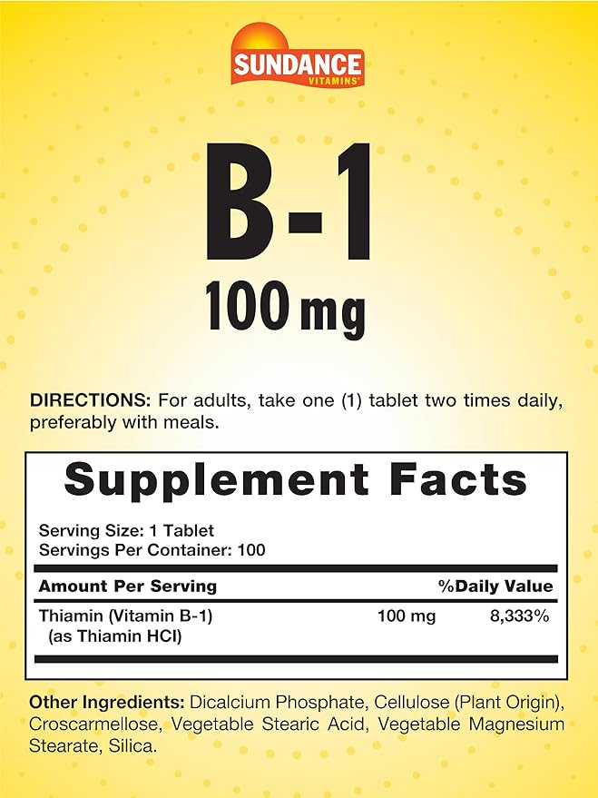 Sundance Vitamin B-1 | 100mg | 100 Tablets | Essential Vitamin Supplement | Vegetarian, Non-GMO, and Gluten Free Formula
