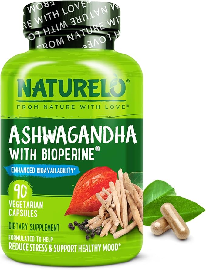 NATURELO Ashwagandha Organic Root Powder - Natural Herbs Supplement for Fatigue, Stress Relief, Mood Enhancer - with Black Pepper Extract - 90 Vegan Capsules