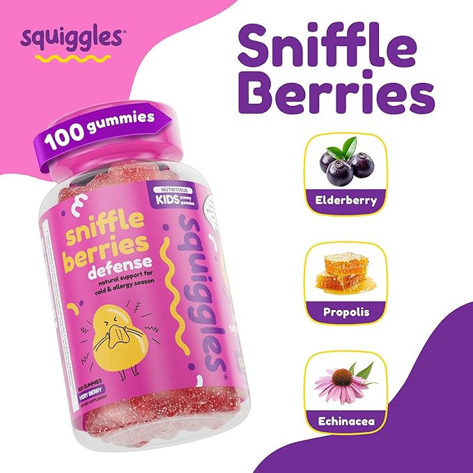 Squiggles Sniffle Berries (100 Count) + Multivitamin Iron Gummies (100 Count) - Low Sugar Gummy Vitamins with Iron Supplements for Kids & Kids - Bundle