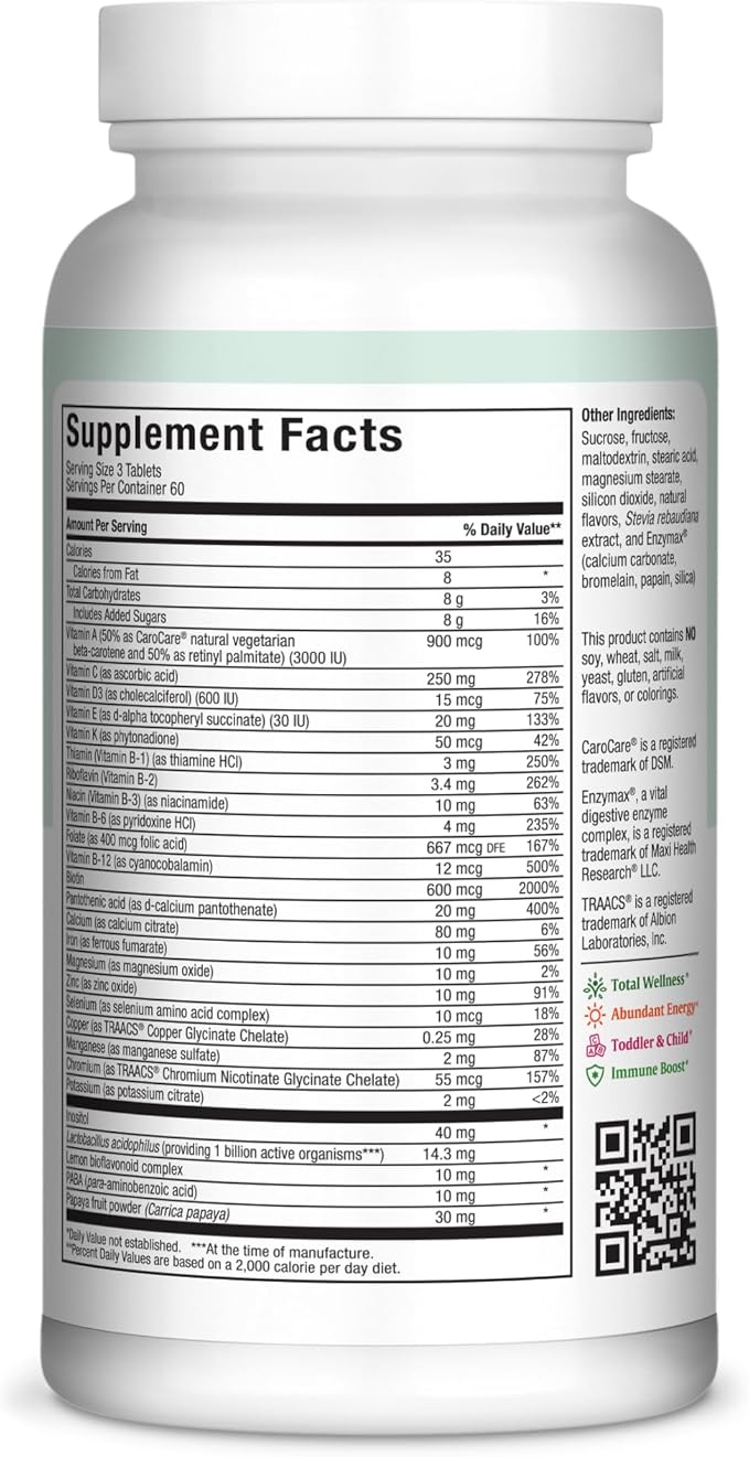 Maxi Health Chewable Multivitamin for Kids, Teens and Adults - Cherry Chewable Vitamins for Adults & Children - Kosher Kids Multivitamin + Iron (180 Tablets)