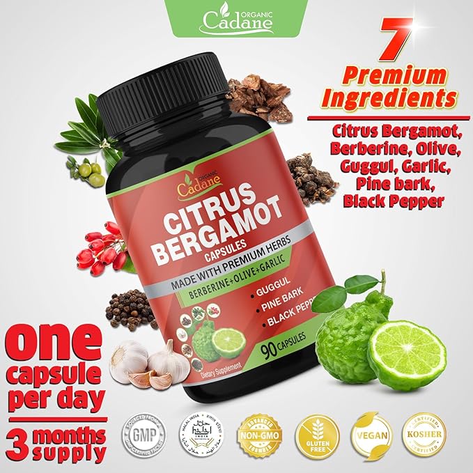 Organic Cadane Citrus Bergamot Supplement Extract Capsules, 90 Capsules & Berberine, Olive, Guggul, Garlic, Pine Bark, Black Pepper | Supports Overall Health, Immune System | 3 Months Supply