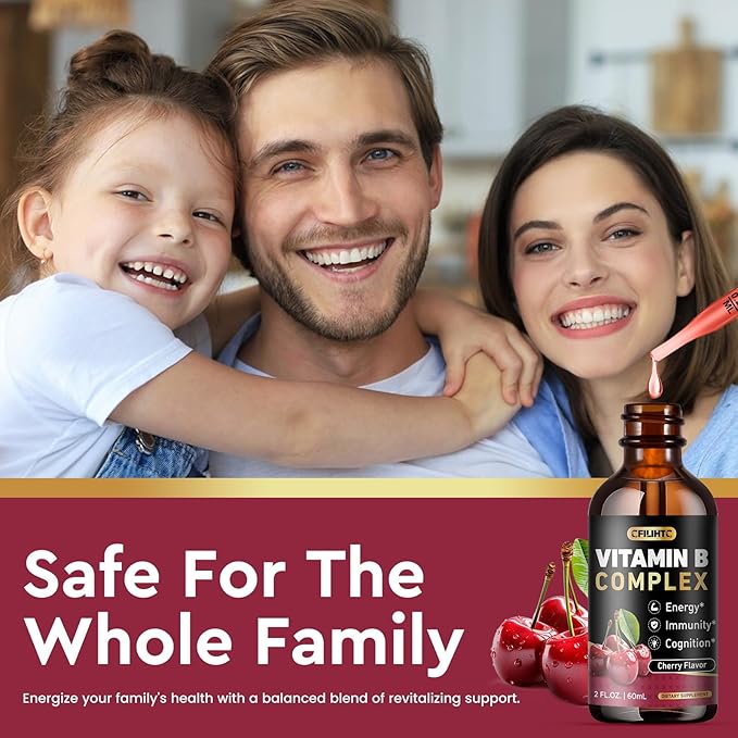 Vitamin B Complex Liquid Drops, B Vitamins Complex Supplement with B1, B2, B3, B5 B6, B7, B9 & Methyl B12 Drops for Adults & Kids, Vegan, Cherry Flavor