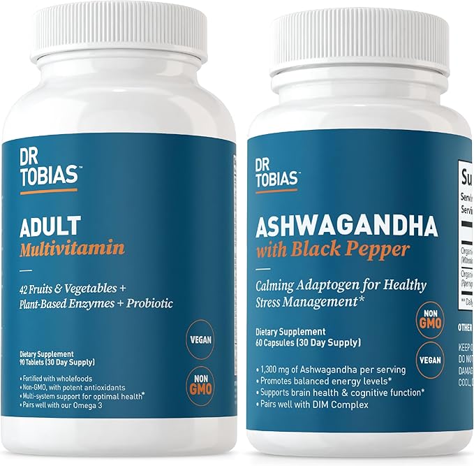 Dr. Tobias Adult Multivitamins and Ashwagandha Capsules, Support Overall Wellness & Balanced Energy & Resilience, Vegan, Non-GMO