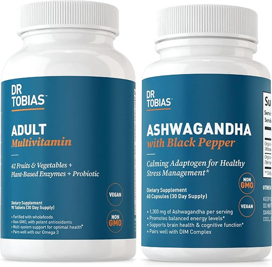 Dr. Tobias Adult Multivitamins and Ashwagandha Capsules, Support Overall Wellness & Balanced Energy & Resilience, Vegan, Non-GMO