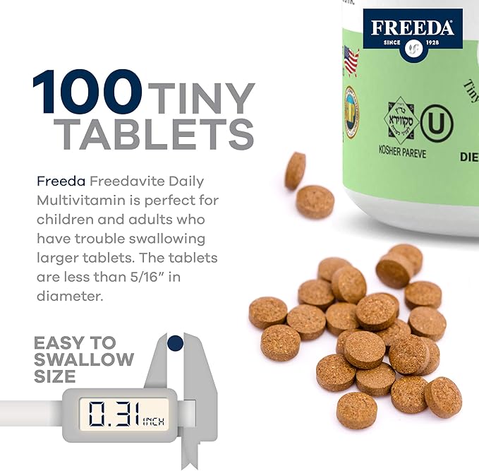 Freedavite Tiny Tablet - Moderate Multivitamin for Men and Women - Vitamin A, C, D, E, B1, B2, B6, B12, Biotin, Calcium, Zinc, Iron, Magnesium, Manganese, Copper, Selenium, Iodine - 100 Count