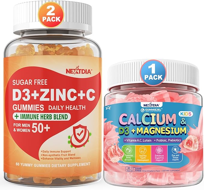Sugar Free Vitamin C + D3 + Zinc Gummies for Adults 50+ & Calcium + D3 & Magnesium Filled Gummies for Kids 4+