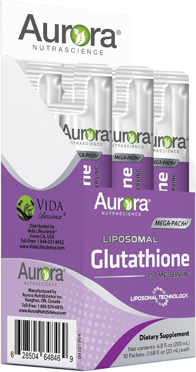 Aurora Nutrascience Mega-Liposomal Liquid Glutathione, Immune & Antioxidant Gut Health Support Supplement, 750 mg per Serving, Non-GMO, Sugar-Free, 10 Single Serve Packets