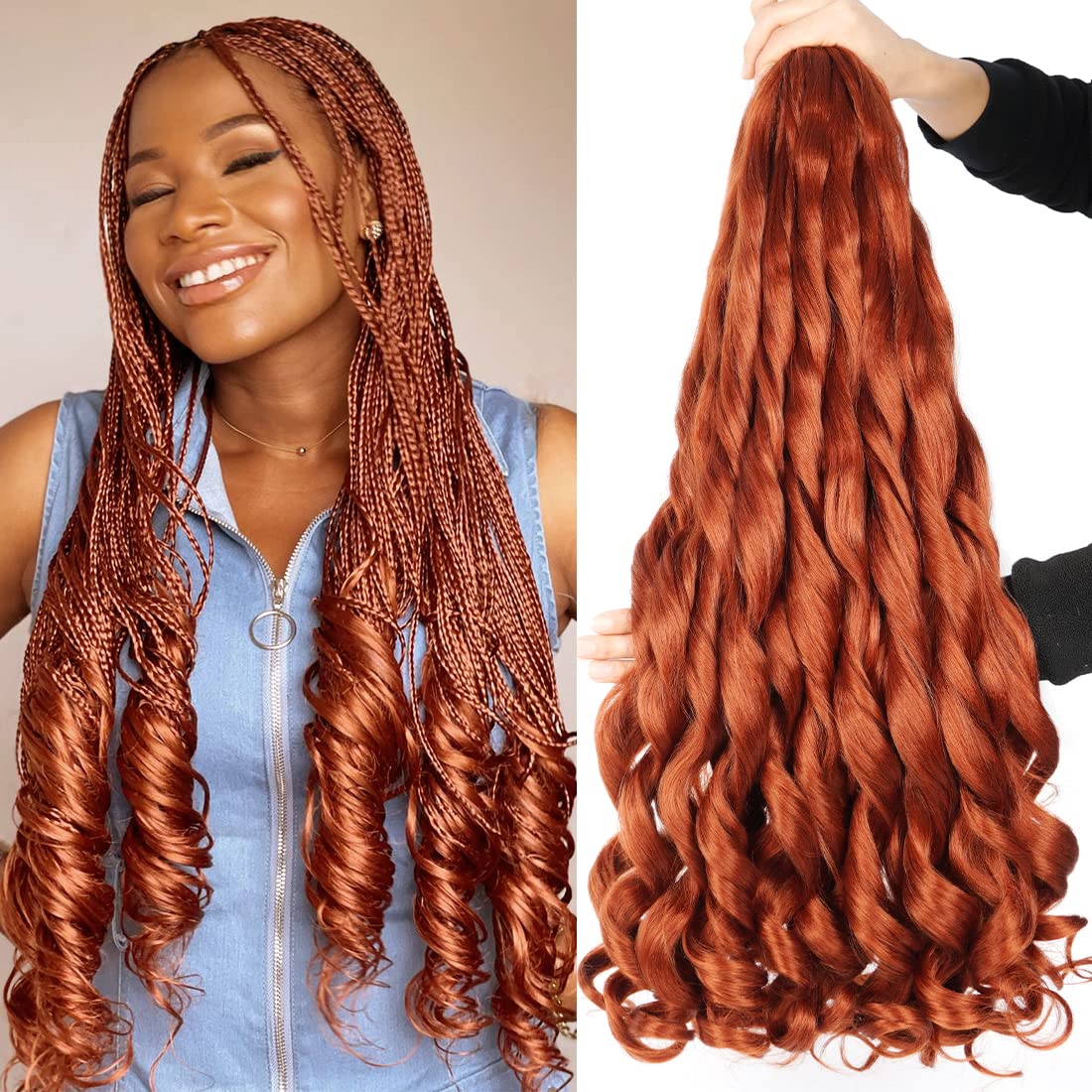 Ginger French Curl Braiding Hair 30 inch 6 Packs Loose Wave Bouncy Braiding Hair Pre Stretched 120g/pack Yaki Curly Braiding Hair Crochet hair for Black Women Hair Extensions(30 inch(pack of 6),#350)