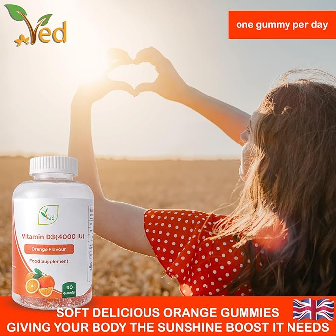 Ved Vitamin D3 Gummies for Adults 4000IU, Non GMO- Gluten Free, Orange Flavour -High Strength 90 Chewable Gummies (3 Month Supply)