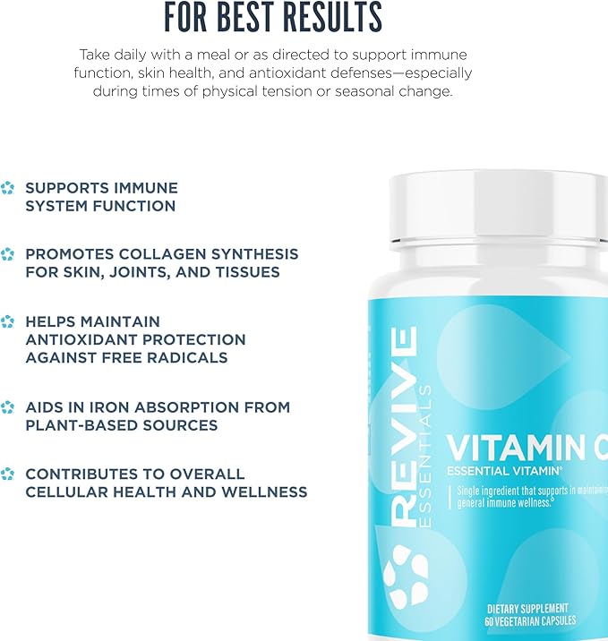 Revive MD Vitamin C Capsules, 1000mg - High-Potency VIT C Ascorbic Acid Dietary Supplement for Immune Support & Antioxidant Health - No Fillers & Non-GMO - 200 Vegetarian Capsules