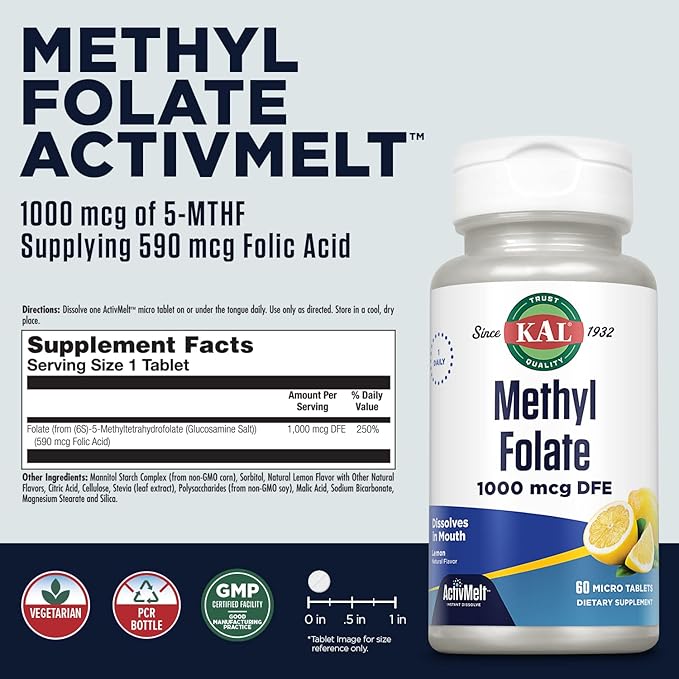 KAL Methyl Folate 1000 mcg, 5-MTHF Active Form, Folic Acid Supplement, Heart Health, Prenatal, Mood and Brain Support, Vegetarian, Natural Lemon ActivMelt, 60-Day Guarantee, 60 Serv, 60 Micro Tablets