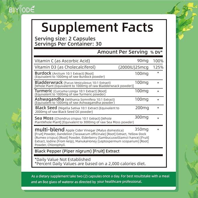 Sea Moss Capsules: Sea Moss Black Seed Ashwagandha Bladderwrack Burdock Root Multi-Blend Vitamin D3 C Vitamin 60 Capsules 30 Day Supply