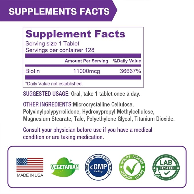 Lovita Maximum Strength 11,000mcg Biotin: Fast-Dissolving, Vegetarian Tablets - Easily Absorbed, Gluten & Dairy-Free, 128 Vegan-Friendly Tablets