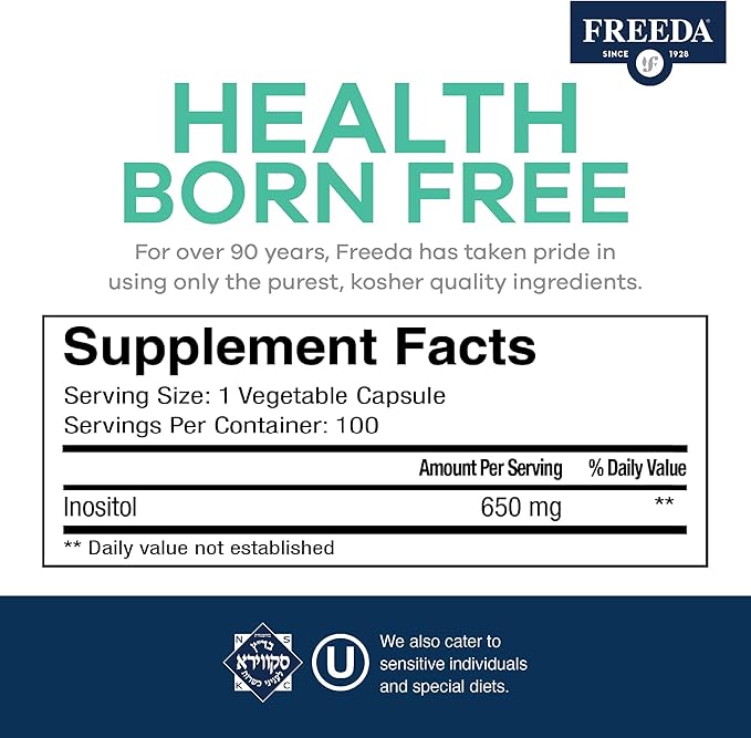 FREEDA Pure Inositol Capsules - Myo-Inositol for Hormonal Balance, Ovarian Function & Mood Support - Kosher, Vegetarian, Made in USA - 100 Count, 100-Day Supply - Supports Membrane Health
