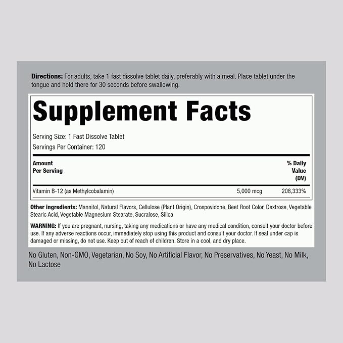 Piping Rock B12 Vitamin 5000 mcg | 120 Tablets | Sublingual Methylcobalamin Supplement | Berry Flavor, Vegetarian, Non-GMO, Gluten Free