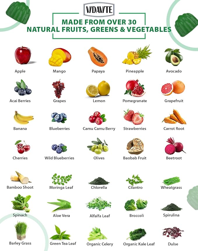 Sugar-Free Fruit and Veggie Gummies — 35+ Greens, Fruit and Vegetable Vitamins to Boost Immunity, Skin & Gut Health — Ideal Fruit and Vegetable Supplement for Adults & Kids (60 Gummies)