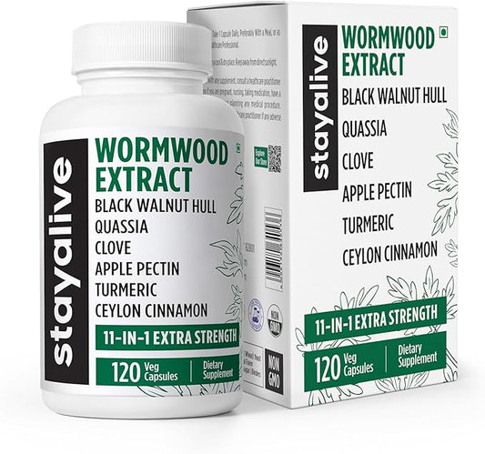 STAY ALIVE Wormwood Black Walnut Clove Cleanse Extract, 11-in-1 Extra Strength Complex, 120 Pills, Herbal Supplement for Adults, Vegan, Non-GMO & Gluten Free Sweet Wormwood Capsules