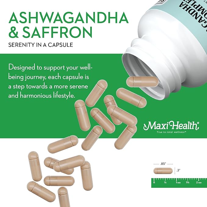 Maxi Health Ashwagandha Saffron Complex 600mg with 30mg Saffron Extract, Serenity and Relaxation, Calm and Mood Support - Vegetarian Non GMO Gluten Free Kosher Saffron Supplements, 60 Capsules