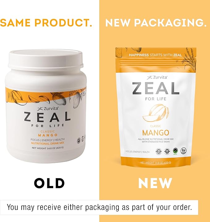 Zurvita Zeal for Life Wellness Drink Mix - Mango Flavor - Gluten-Free, Vegan, with Biotin, Vitamins B12, C, D, E, Iron, Magnesium - 30 Servings (420g)