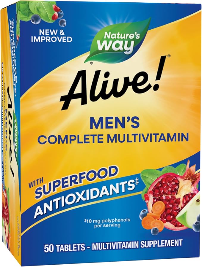 Nature's Way Alive! Men's Complete Multivitamin, Supports Energy Metabolism & Muscle Function*, B-Vitamins, Superfood Antioxidants**, Gluten-Free, 50 Tablets (Packaging May Vary)