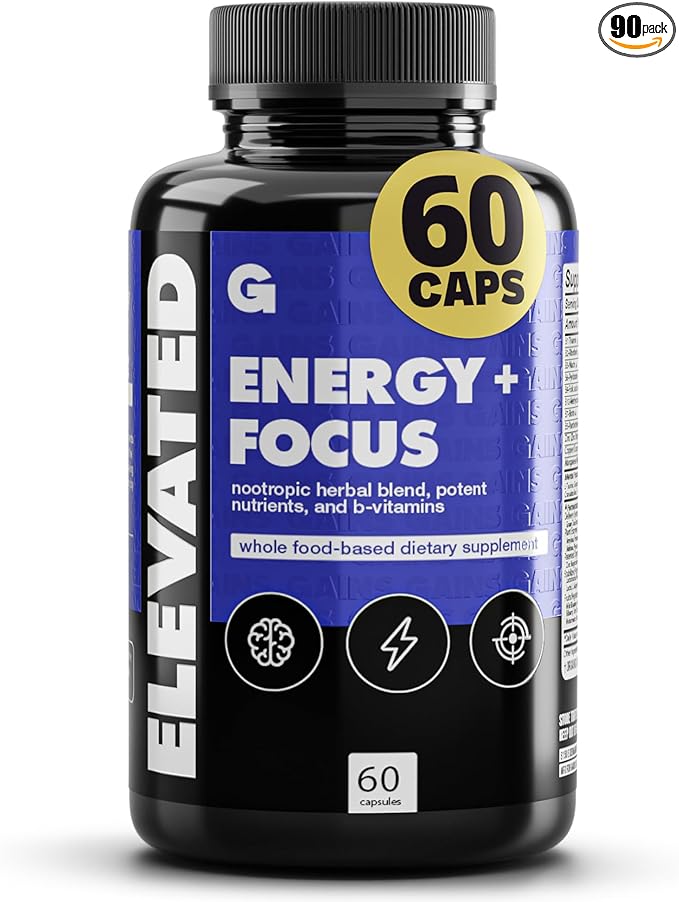 Gains in Bulk Elevated Nootropic Herbal Energy Supplements with Ginkgo Biloba, B Vitamins, DMAE, Clean Energy & Focus Supplement, Supports Digestive Health, Cognitive Brain Health, Vegan, 60 Capsules