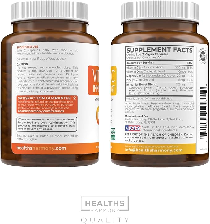 Vitamin C Immune Support Supplement - Immunity Boost Blend with Elderberry Vitamin C and Zinc for Daily & Seasonal Support - Immunity Supplement with Magnesium Zinc Vitamin D (2 Months Supply)