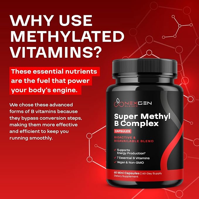Methylated B Complex Vitamin Supplement - Bioactive Methyl B Complex with 5-MTHF Methyl Folate & B12 Methylcobalamin for Brain Heart Energy & Homocysteine Support - Super Vitamin B Complex - 60 Caps