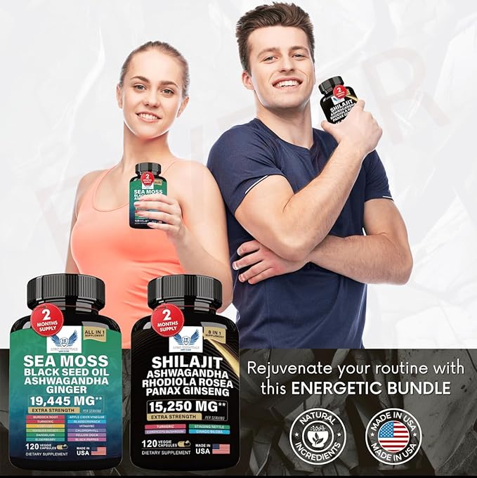 Sea Moss + Shilajit Bundle (2 Pack) – 120 Capsules Eac Sea Moss 7000mg Black Seed Oil 4000mg Ashwagandha 2000mg Ginger & Shilajit 9000mg Rhodiola Rosea 1000mg Panax Ginseng 1500mg