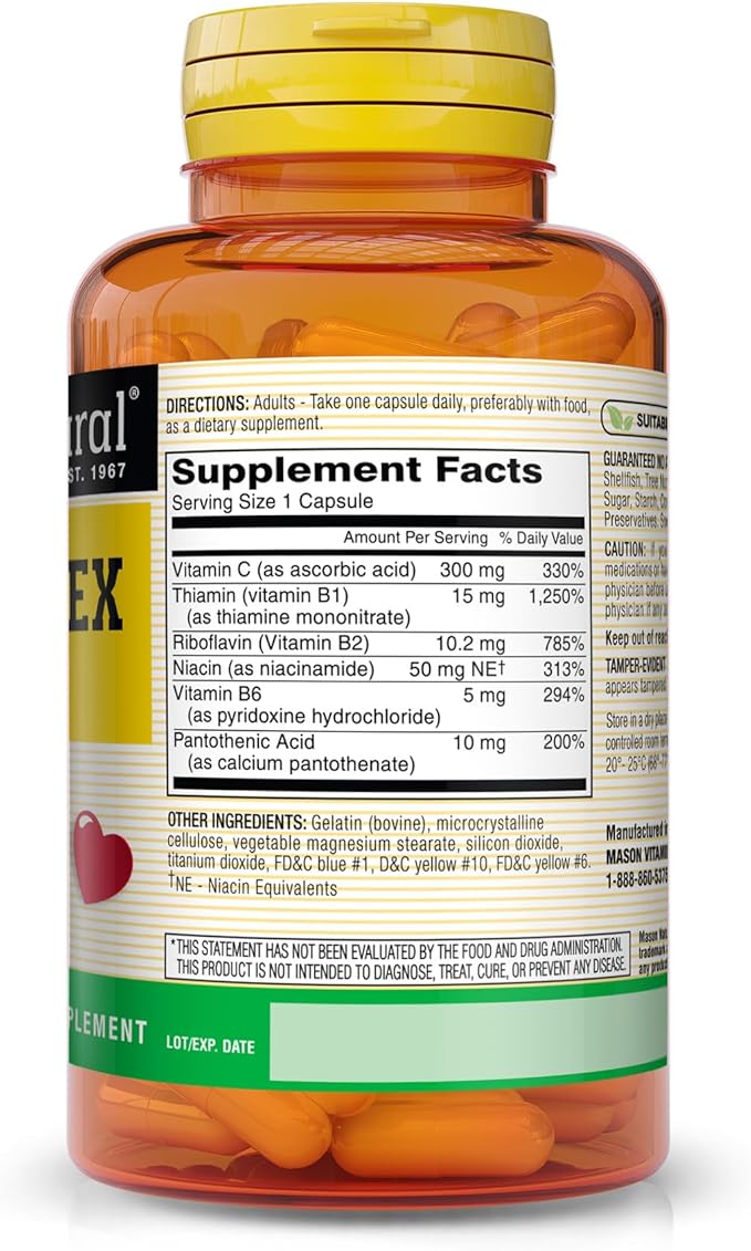 MASON NATURAL Vitamin B-Complex with Vitamin C - Healthy Heart and Nervous System, Improves Immune Function and Energy Metabolism, 100 Capsules