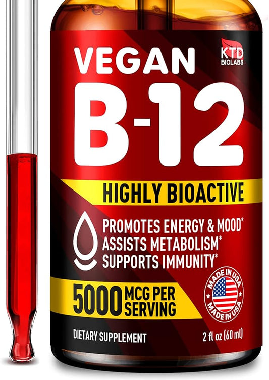 B12 Sublingual 5000 mcg Drops - Made in USA - Vegan B12 Vitamins for Energy, Mood & Memory - Highly Bioavailable Sublingual Drops - Methylcobalamin for Women & Men - 2 fl. oz.
