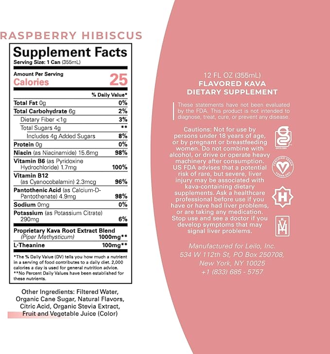 LEILO | Kava Powered Sparkling Relaxation Drink | Raspberry Hibiscus 12-Pack - Non-ALC Calming Beverage | 12 fl oz Cans (Pack of 12)