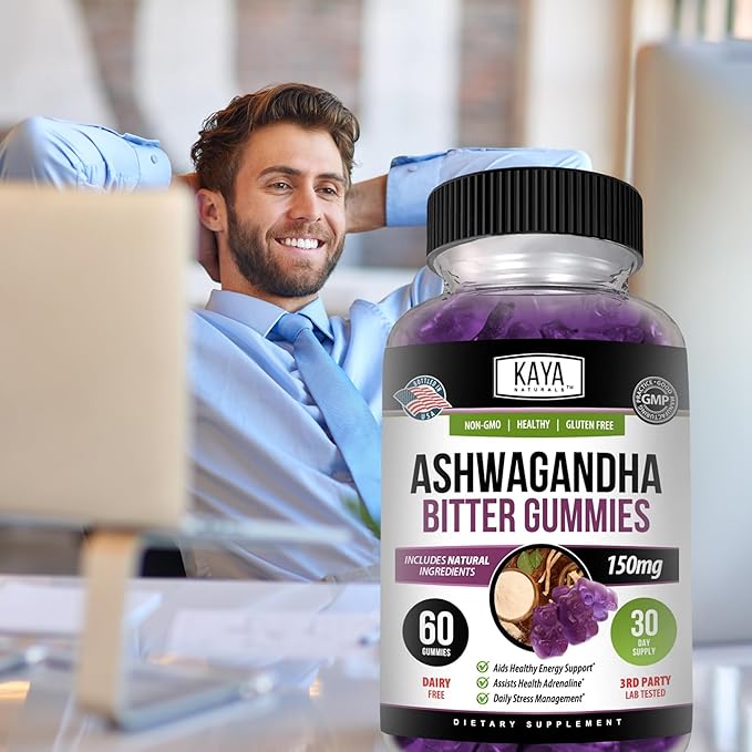 Kaya Naturals Ashwagandha Bitter Gummies - Natural Stress Relief, Boost Energy & Mental Clarity, Non-GMO, Gluten-Free, Chewable Gummies - 60 Count