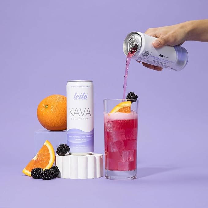 LEILO | Kava Powered Sparkling Relaxation Drink | BlackBerry Orange 12-Pack – Non-ALC Calming Beverage | 12 fl oz Cans (Pack of 12)