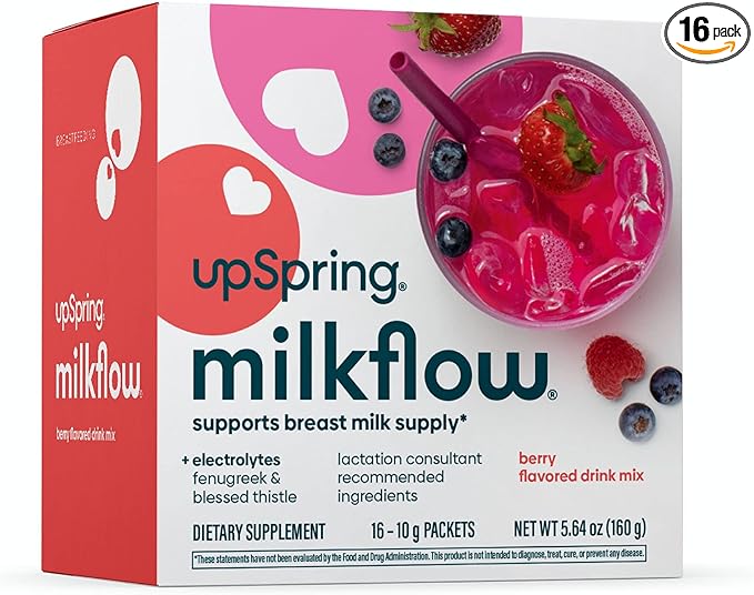 UpSpring Milkflow Electrolyte Breastfeeding Supplement Drink Mix with Fenugreek | Berry Flavor | Lactation Supplement to Support Breast Milk Supply & Restore Electrolytes | 16 Drink Mixes