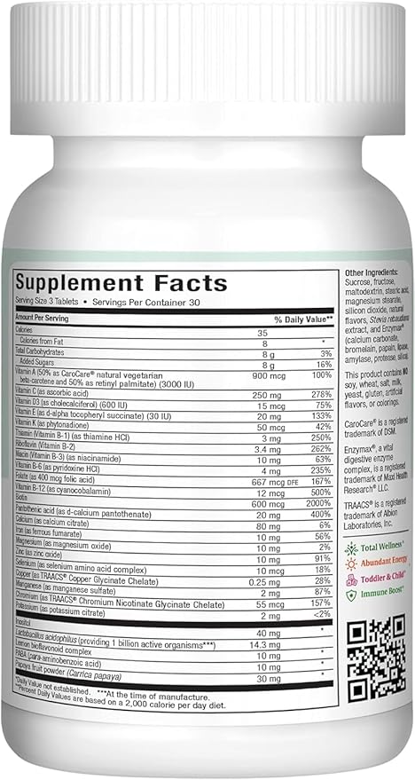 Maxi Health Chewable Multivitamin for Kids, Teens and Adults - Cherry Chewable Vitamins for Adults & Children - Kosher Kids Multivitamin + Iron (90 Tablets)