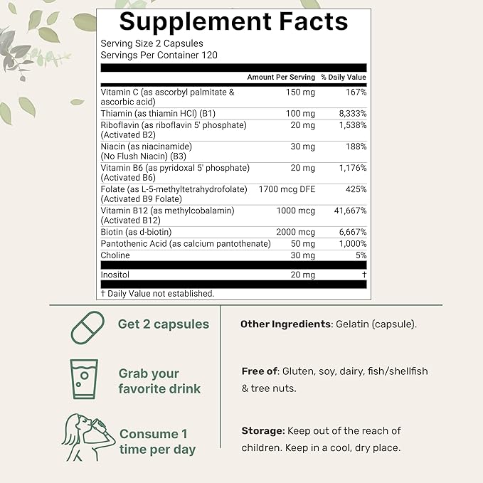 Pure Methylated B Complex for Women & Men | 240 Capsules with High Absorption Vitamin C | 11-in-1 with Vitamins B12, Thiamin, Folate + Inositol, Choline & More | Only Active Ingredients | Filler Free