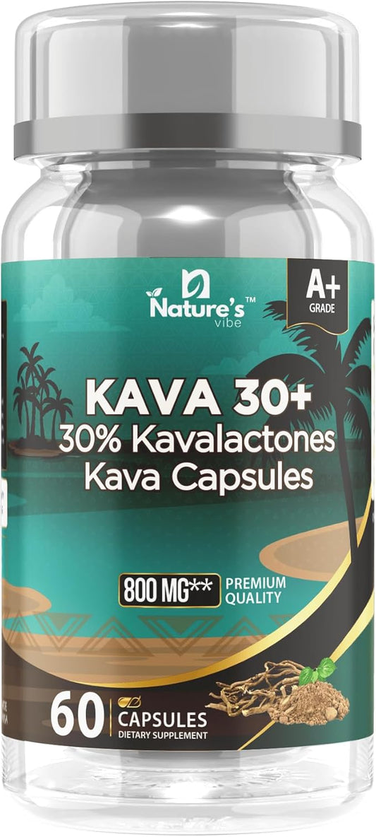 Nature's Vibe Kava 30+, 30% Kavalactones, Kava Capsules, 800 mg, Premium Quality, 60 Veg Capsules